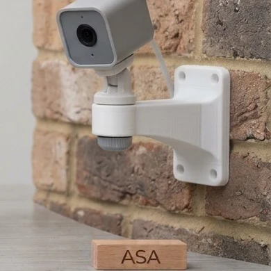Outdoor camera mount 3D printed in ASA, fixed to a wall