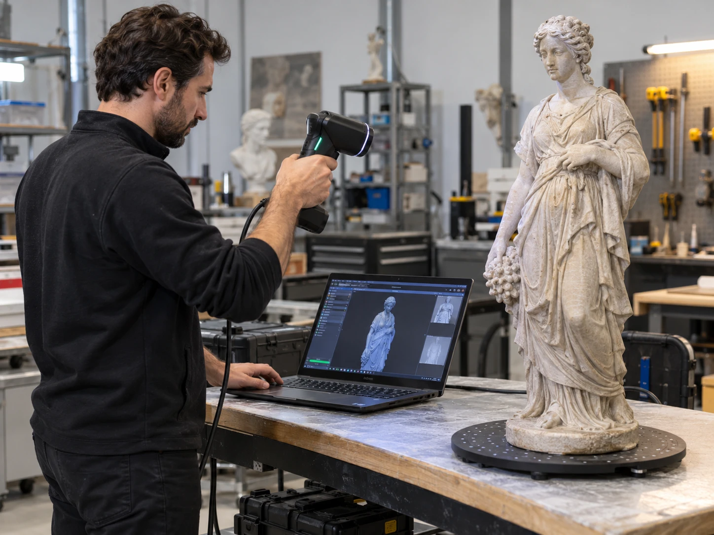 Technician 3D scanning a statue with a handheld scanner
